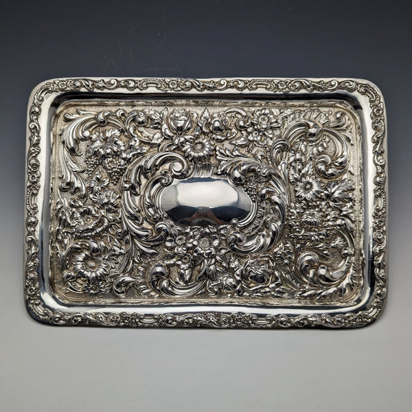 1909 British Antique Pure Silver Relief Engraving Dressing Table Tray 354g WGKeight